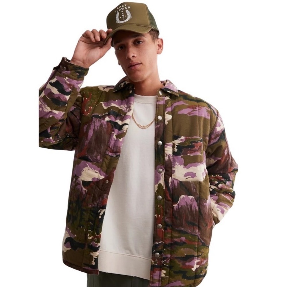 BDG Urban Outfitters Mens Landscape Print Quilted Shirt Jacket Olive Purple M